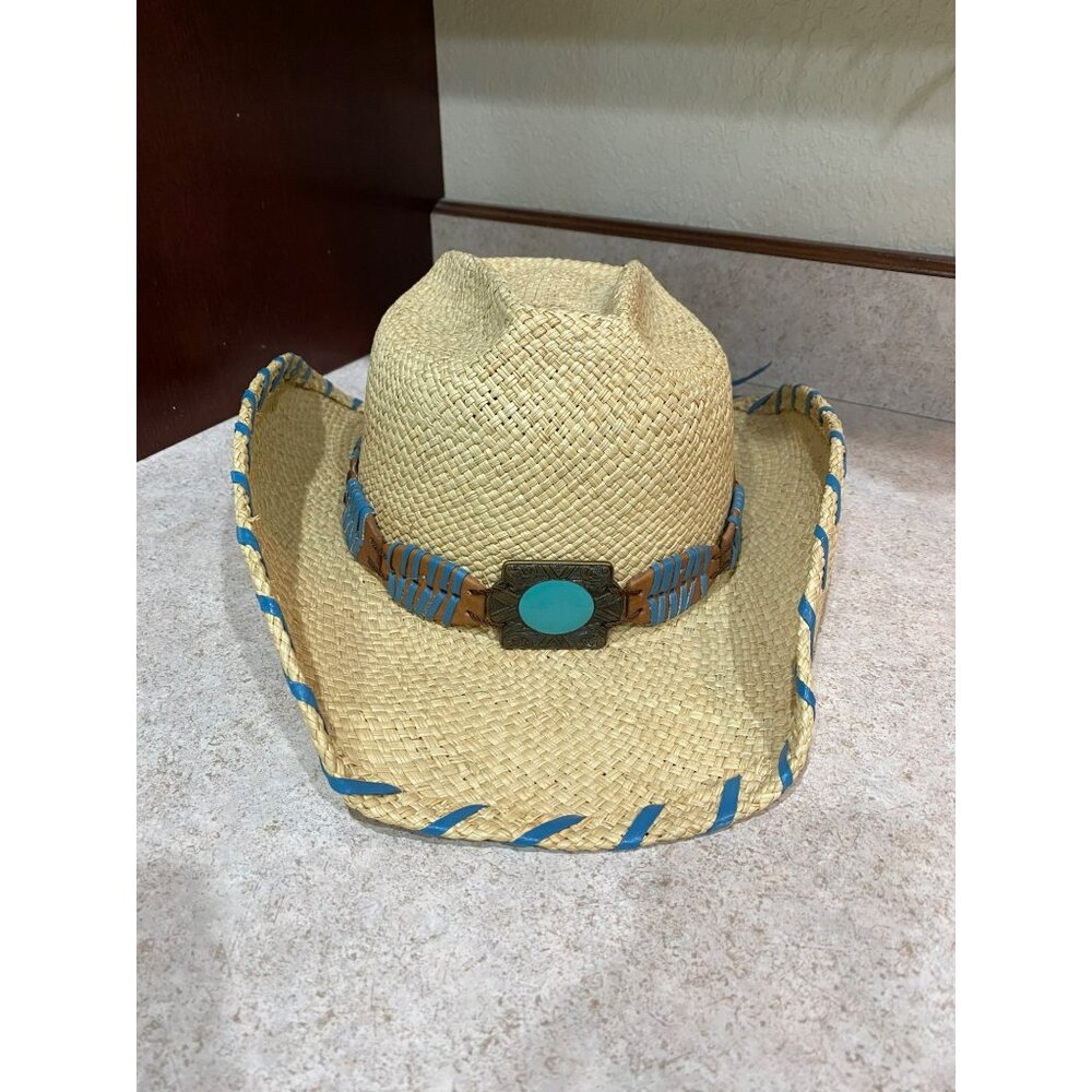 Bullhide Del Mar Straw Cowboy Hat W/Turquoise Accent & Leather Trimmed Band West - Picture 8 of 9